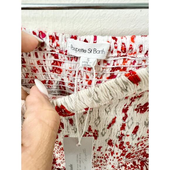 NWT Poupette St Barth Rayon Georgette Print Smocked Mini Skirt White/Red S - Picture 5 of 6
